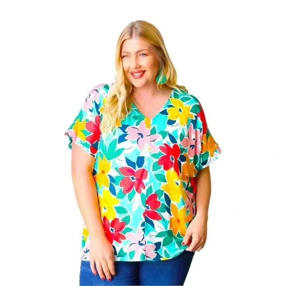 HAPTICS Teal Coral Floral V Neck Top Super Soft Blouse Short Sleeve New 2XL - Picture 1 of 4